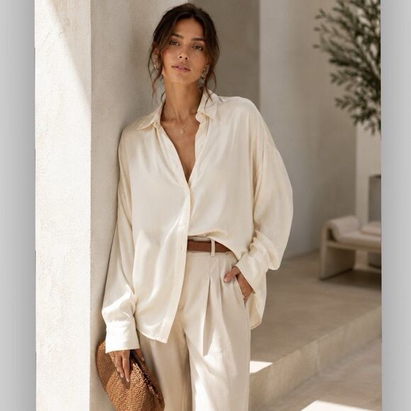 Dissh Tops - Dissh Oversized Satin Like Button Up Shirt Cream AU 12 US 8 Cupro Blend Neutral